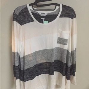 Striped Knit Top with Pocket and Angled Hem